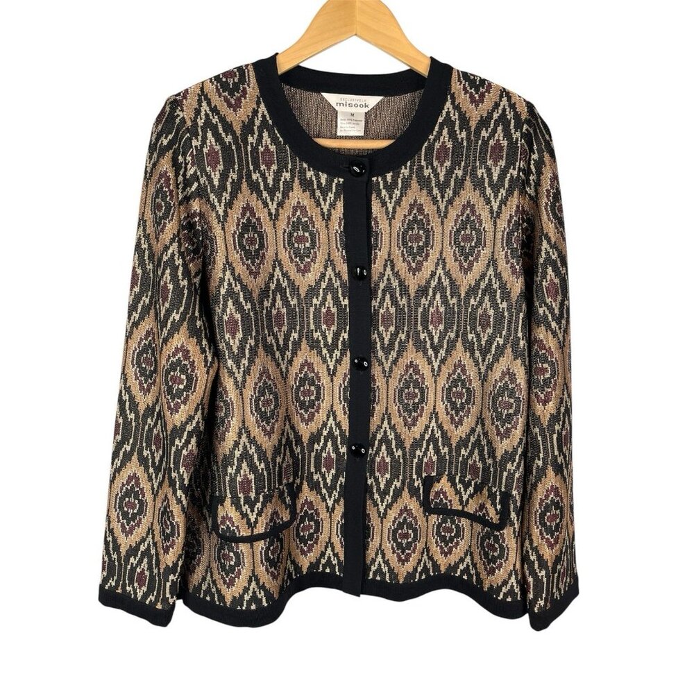 MISOOK Women's Black Maroon Metallic Geometric Print Knit Cardigan Medium